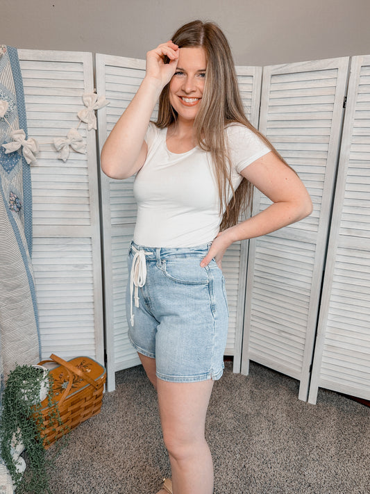 Tie Front Stretch Denim Shorts