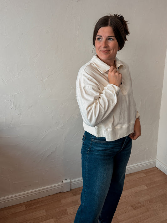 Cream Button-Front Henley Sweatshirt