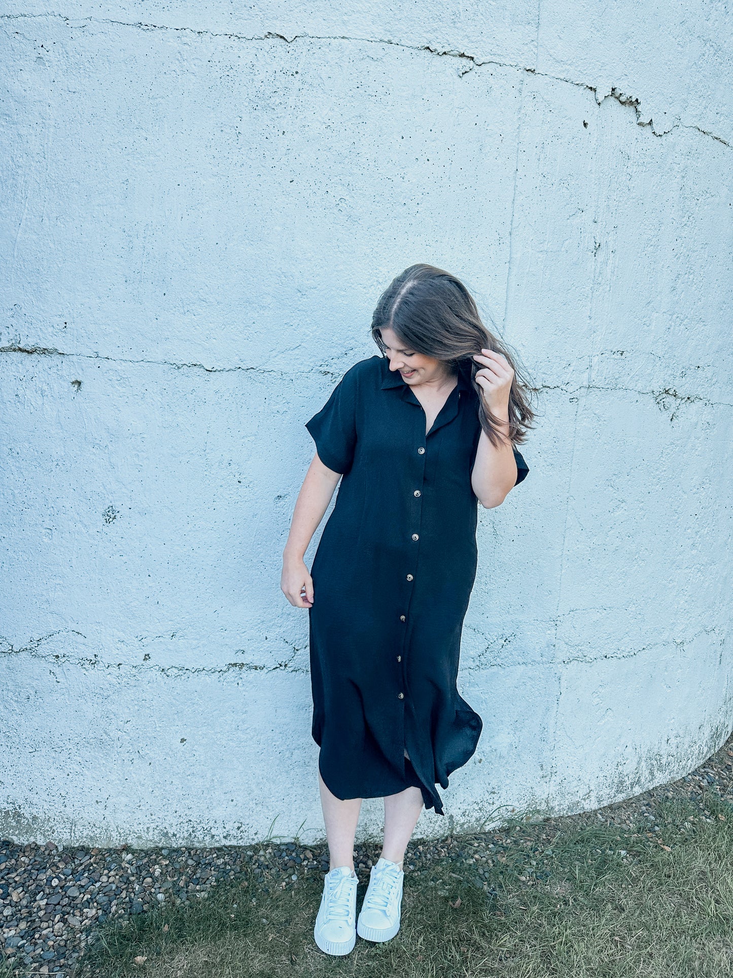 Black Short Sleeve Button Down Dress