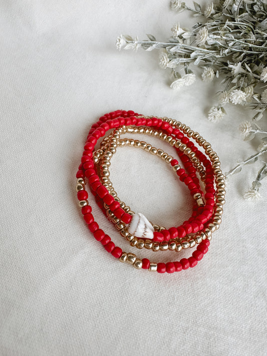 Red Beaded Shell Bracelet Set
