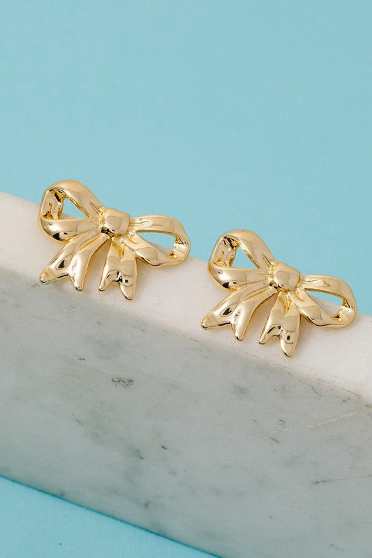 Gold Dipped Ribbon Bow Earring Studs