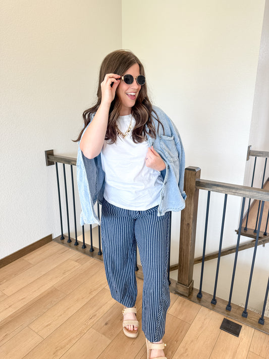 Navy Pinstripe Barrel Pants