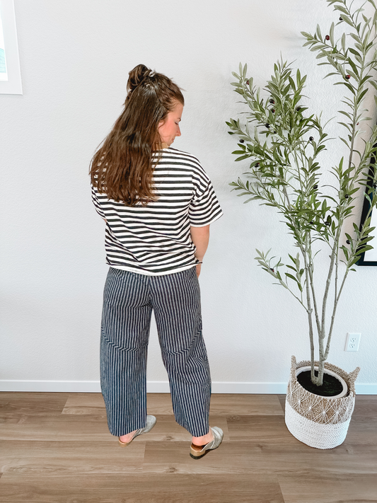 Navy Pinstripe Barrel Pants