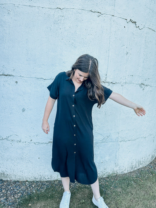 Black Short Sleeve Button Down Dress