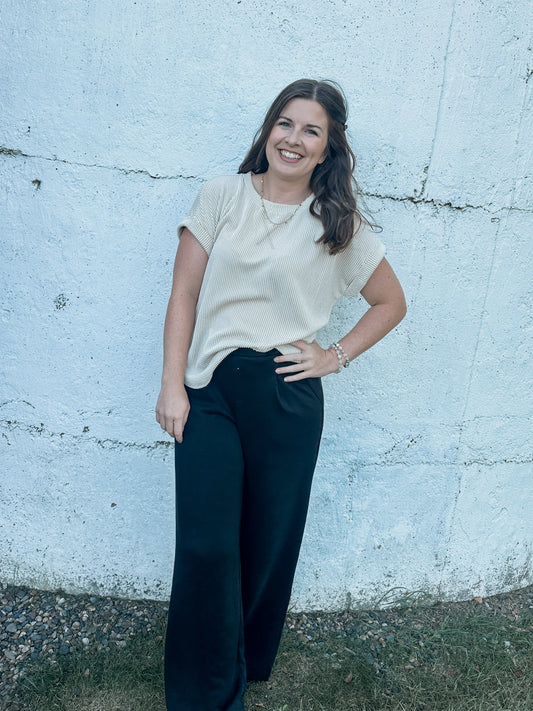 Cream Ribbed Short Sleeve Top