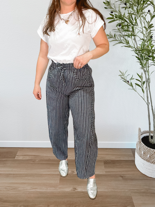 Navy Pinstripe Barrel Pants