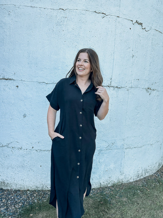 Black Short Sleeve Button Down Dress