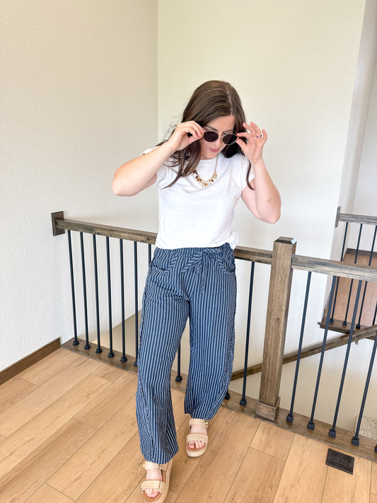 Navy Pinstripe Barrel Pants