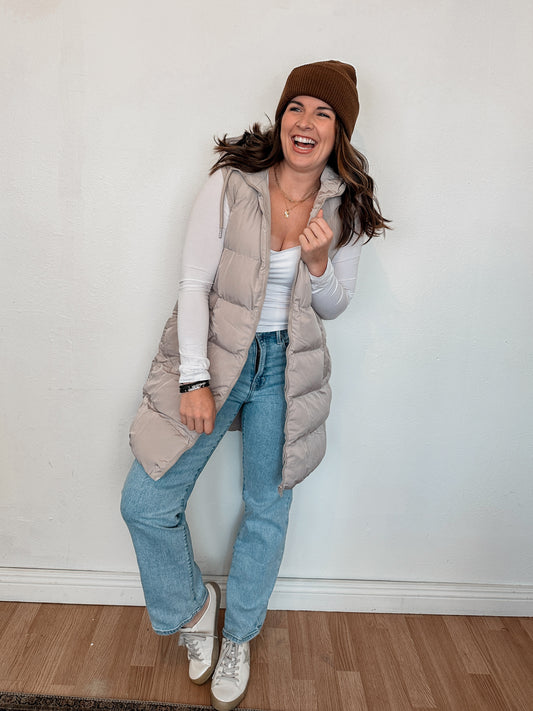 Beige Hooded Puffer Vest