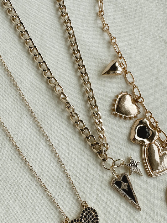 Black Heart Studded Charm Necklace