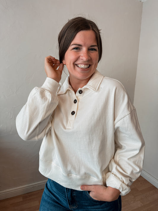 Cream Button-Front Henley Sweatshirt