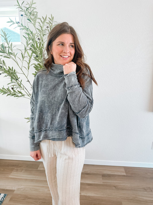 Navy Mineral Washed Mock Neck