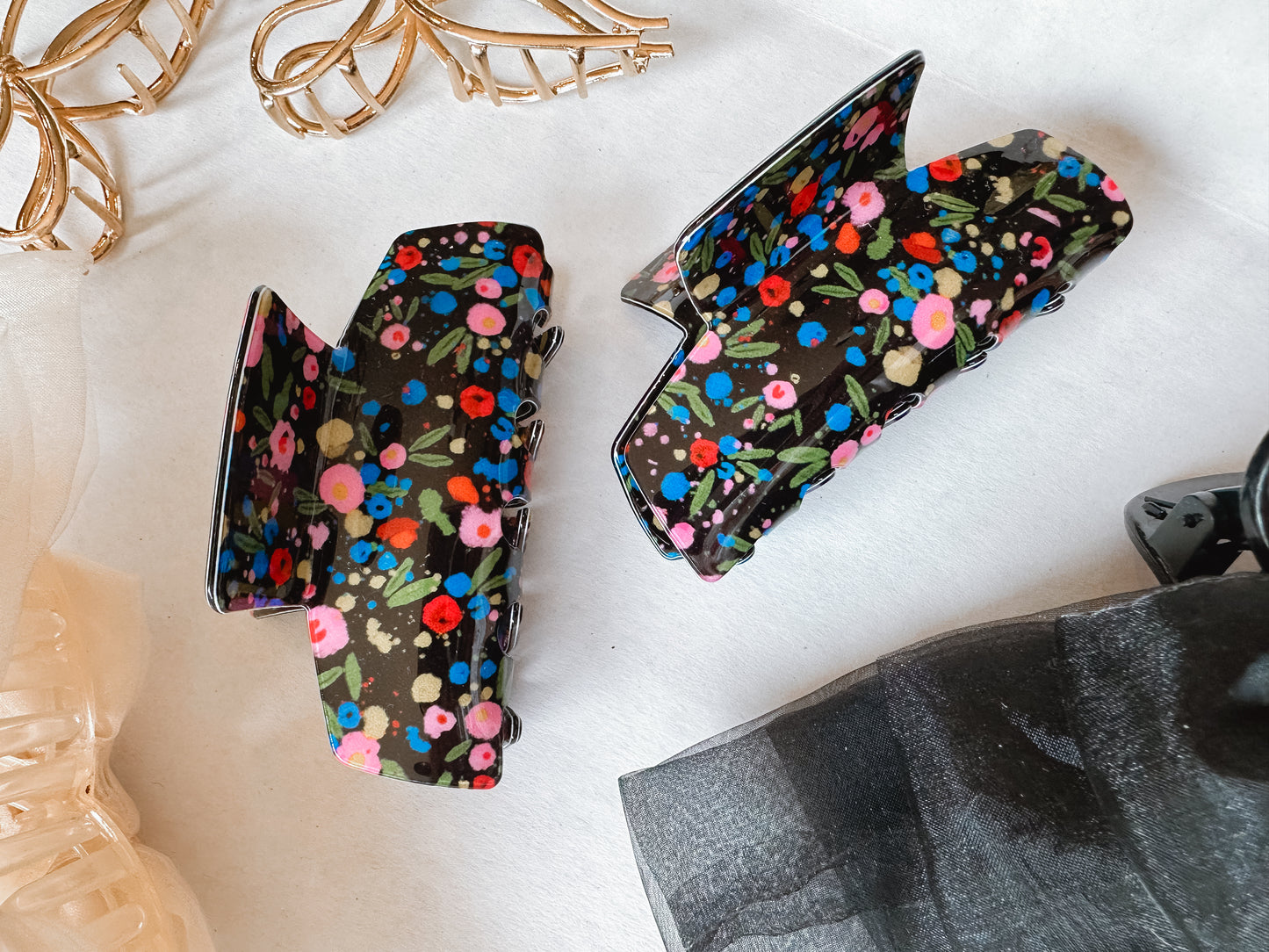 Black Floral Claw Clip