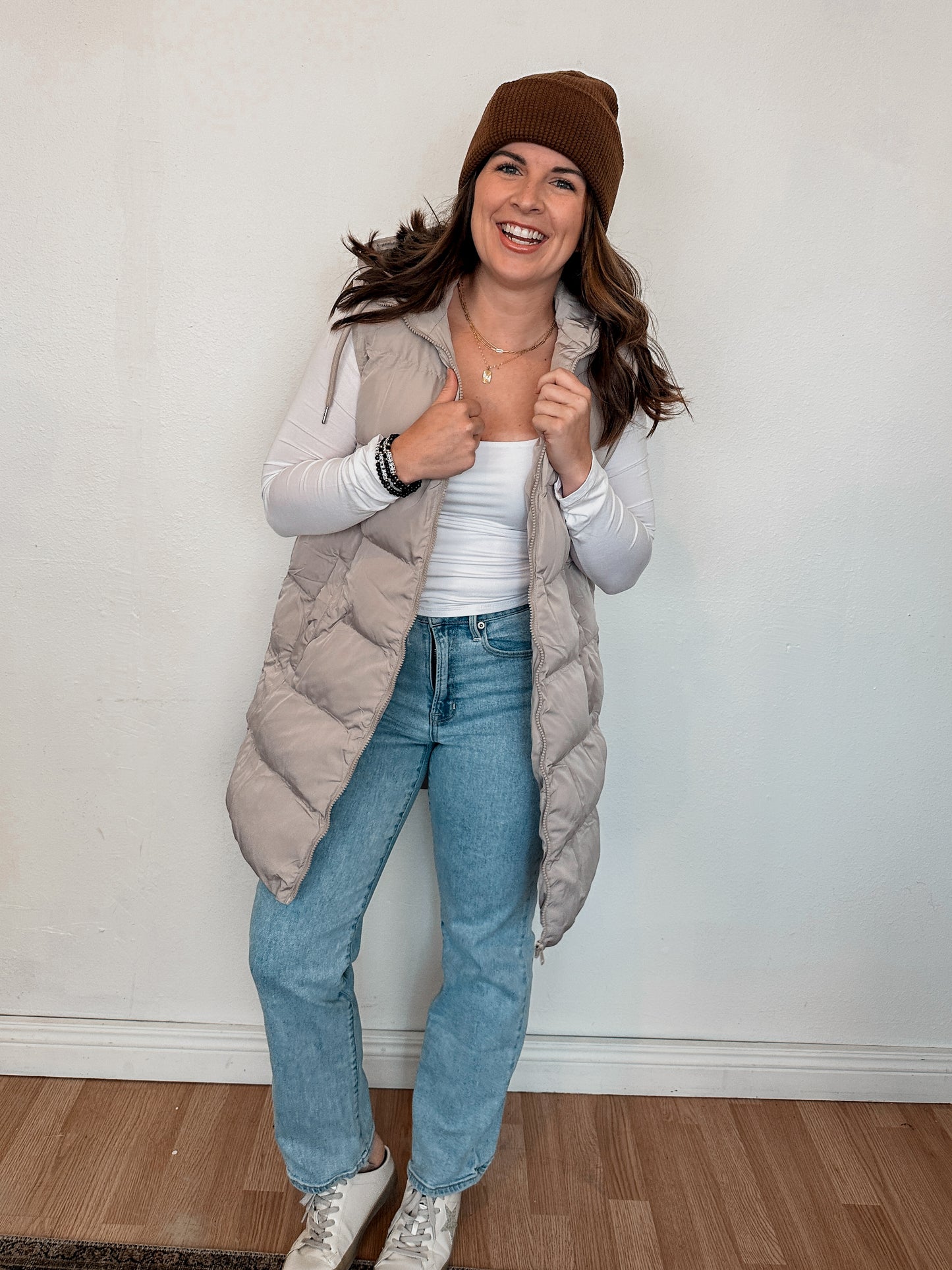 Beige Hooded Puffer Vest