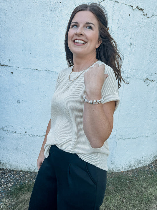 Cream Ribbed Short Sleeve Top