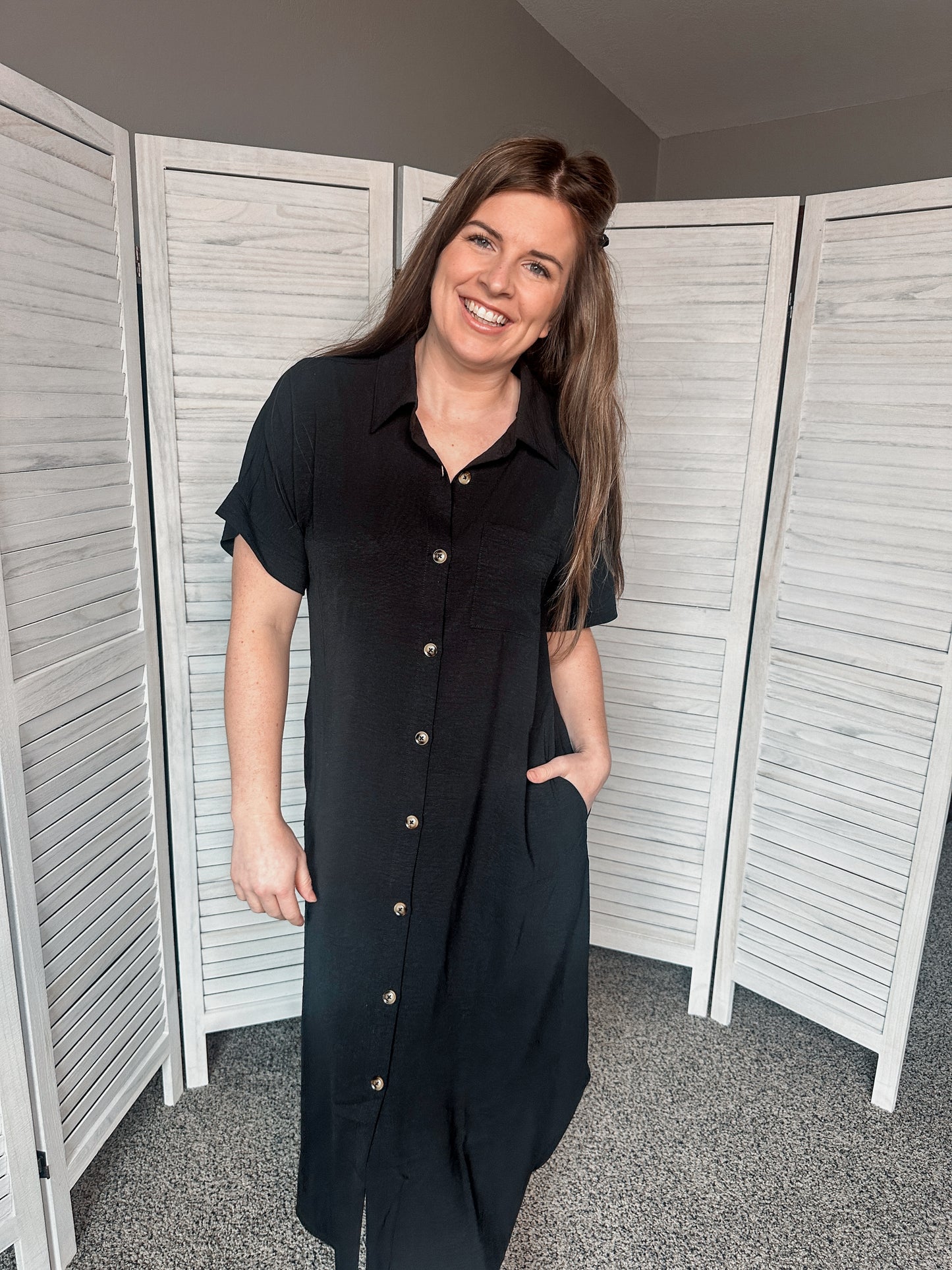 Black Short Sleeve Button Down Dress