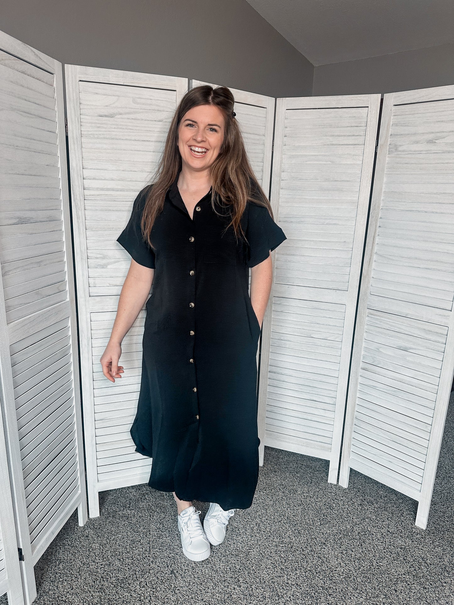 Black Short Sleeve Button Down Dress