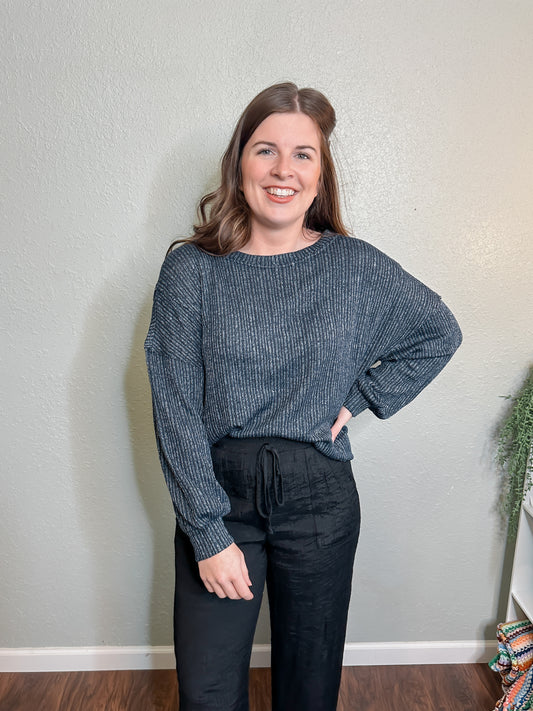 Navy Ribbed Knit Top