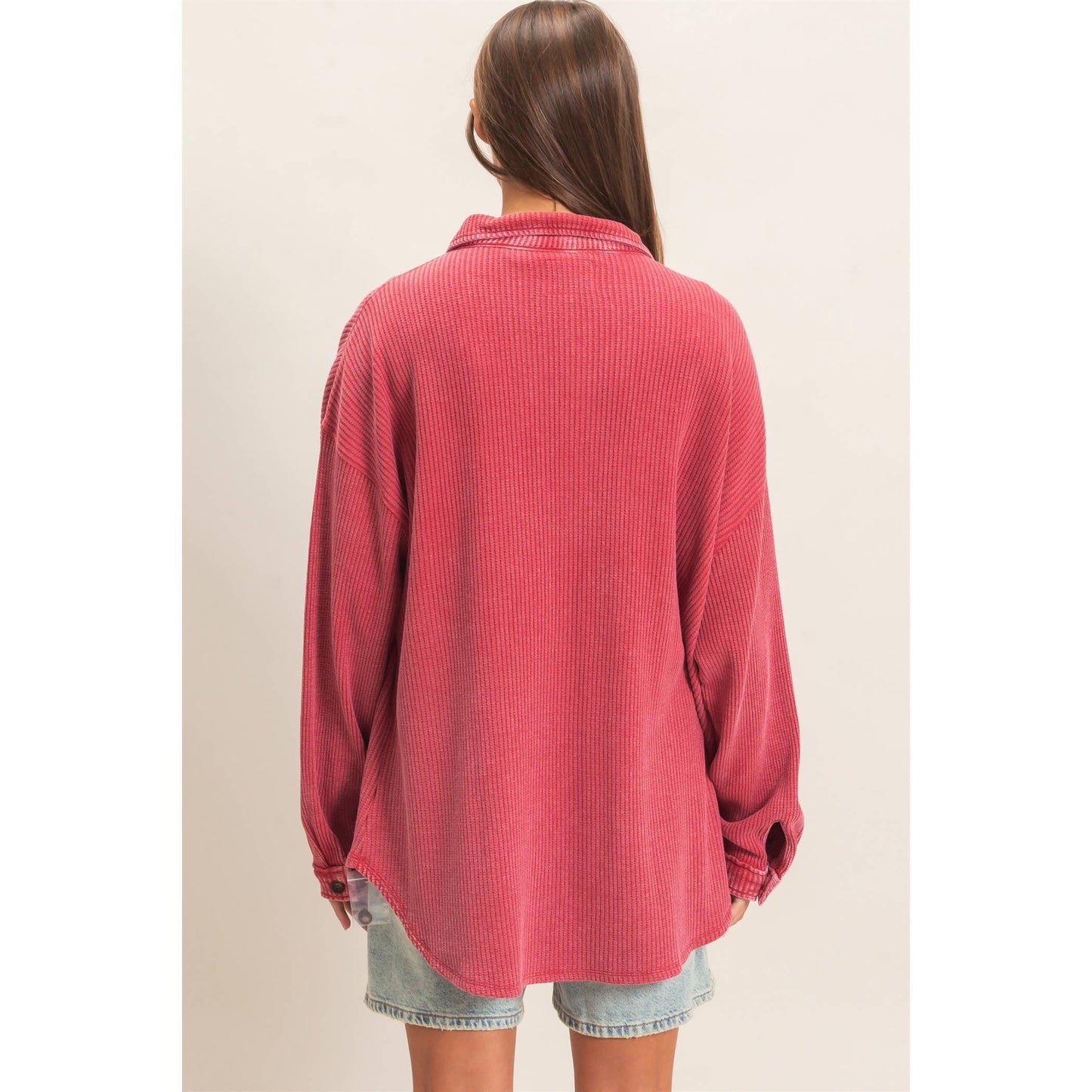 Deep Red Mineral Wash Waffle Button-Up Shacket