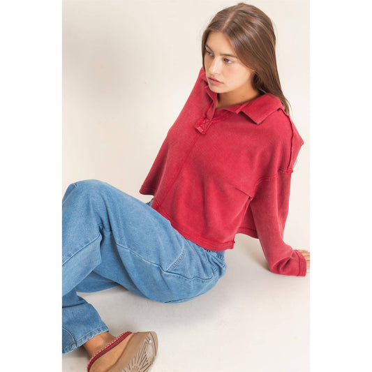 Deep Red Textured Collar Top