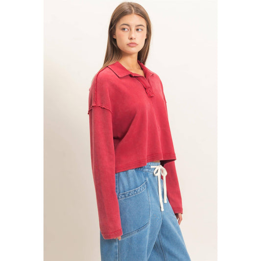 Deep Red Textured Collar Top
