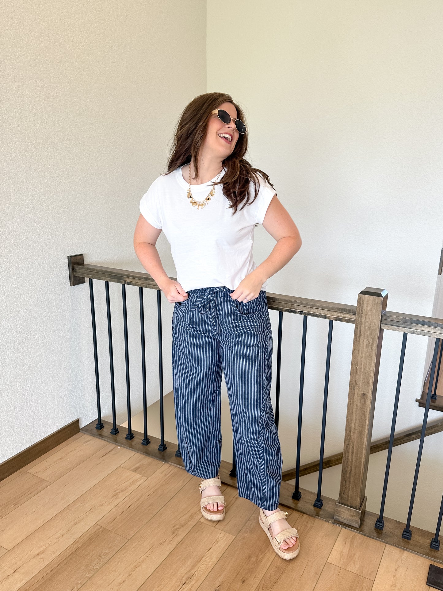 Navy Pinstripe Barrel Pants