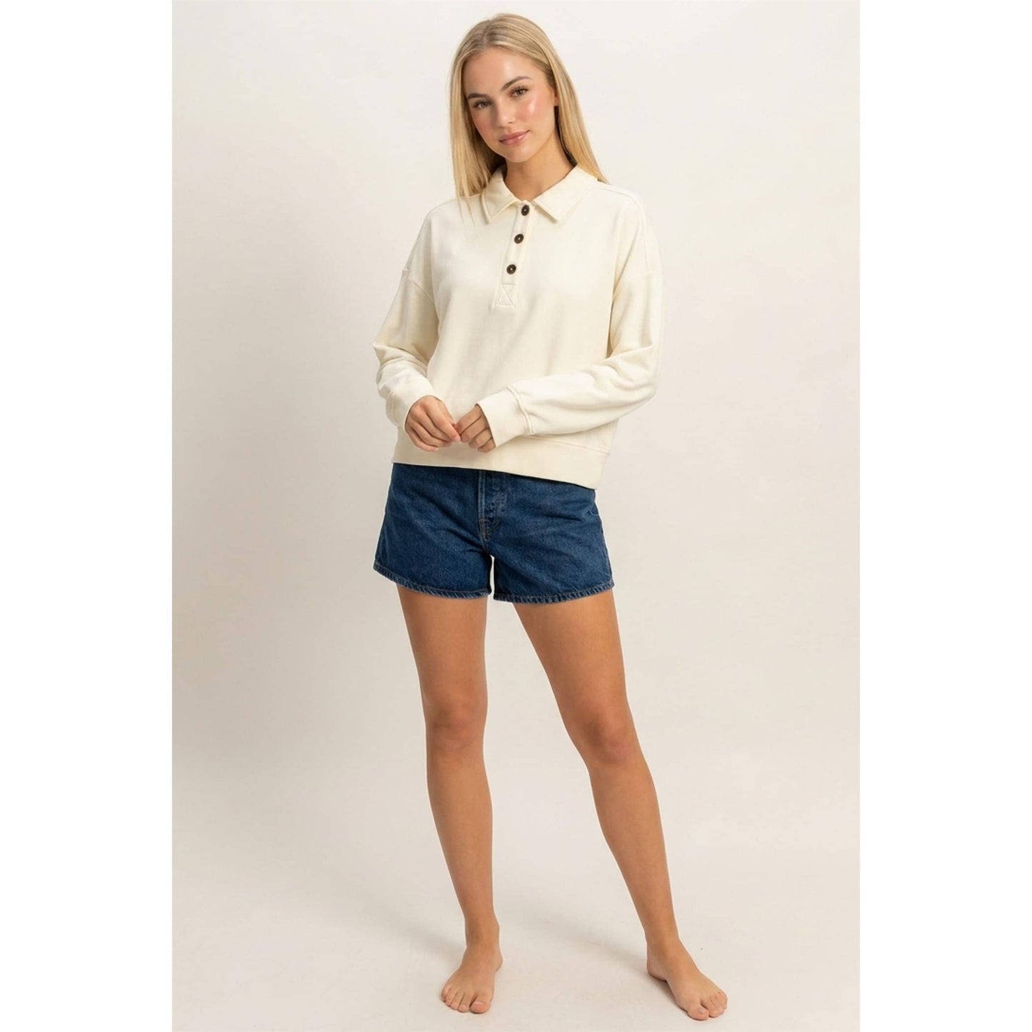 Cream Button-Front Henley Sweatshirt