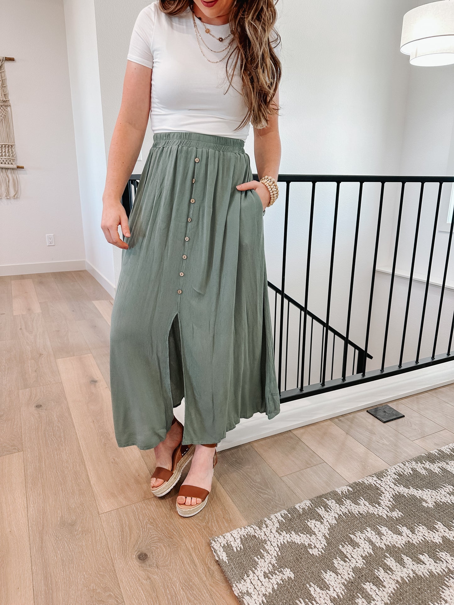 Sage Button Detail Skirt