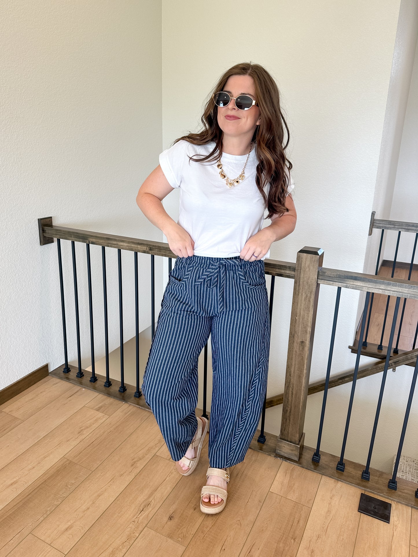 Navy Pinstripe Barrel Pants