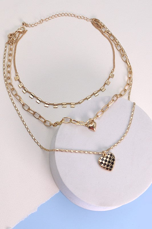 Layered Checkered Heart Charm Necklace