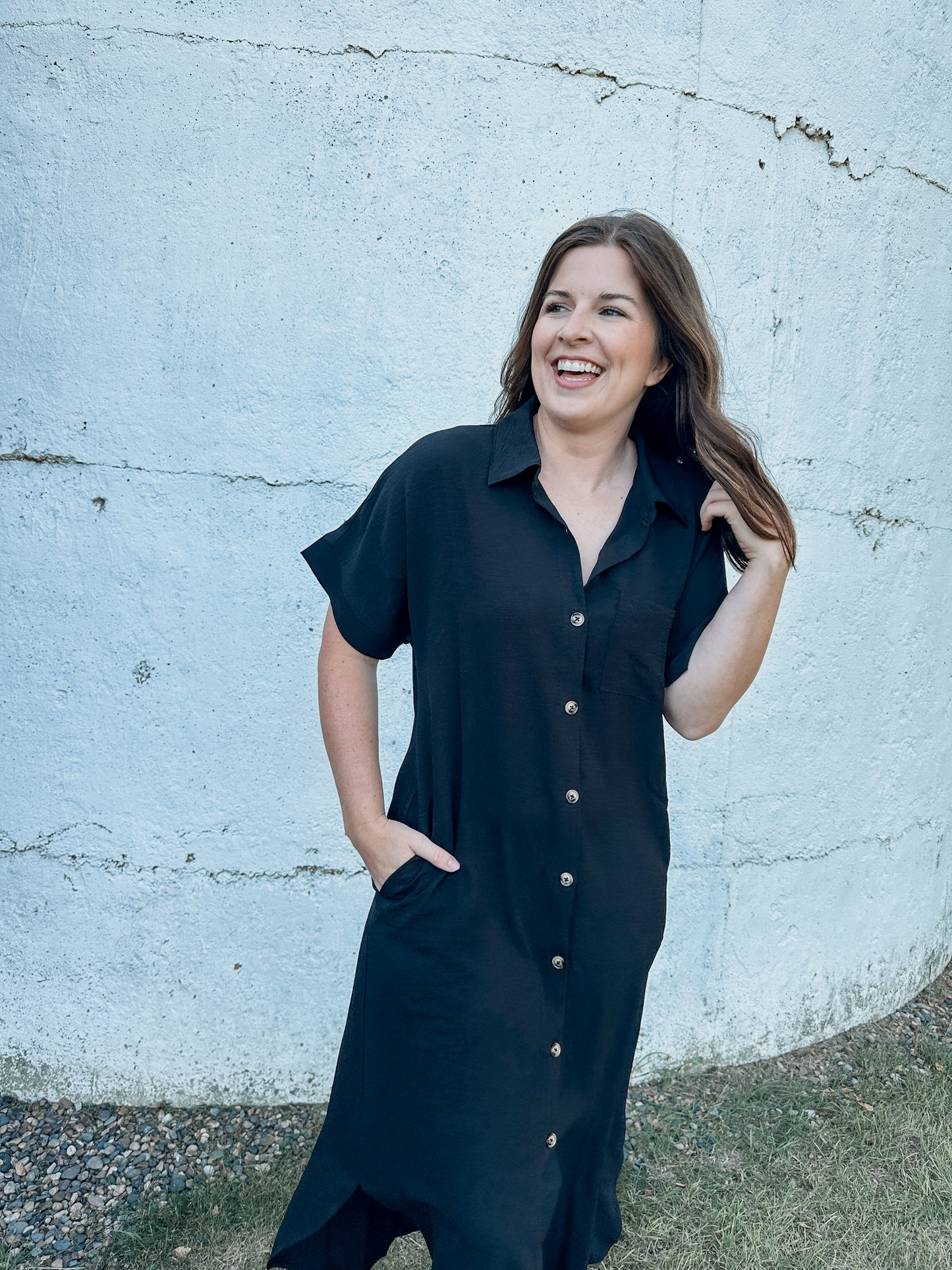 Black Short Sleeve Button Down Dress