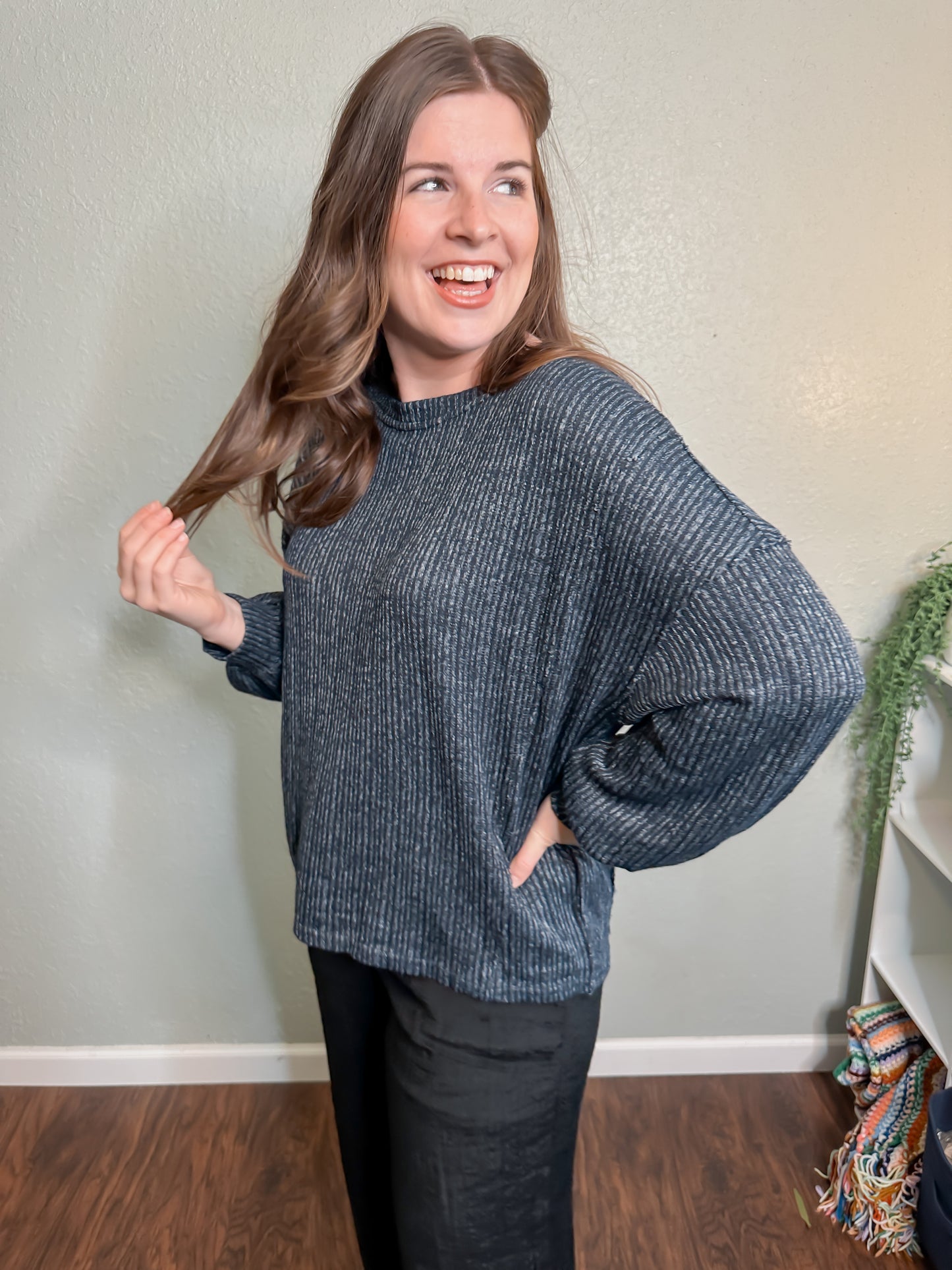 Navy Ribbed Knit Top