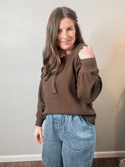 Chocolate Brown Ribbed Henley