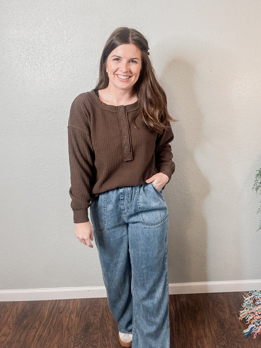 Chocolate Brown Ribbed Henley