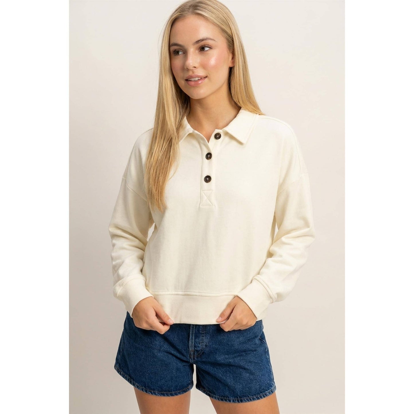 Cream Button-Front Henley Sweatshirt