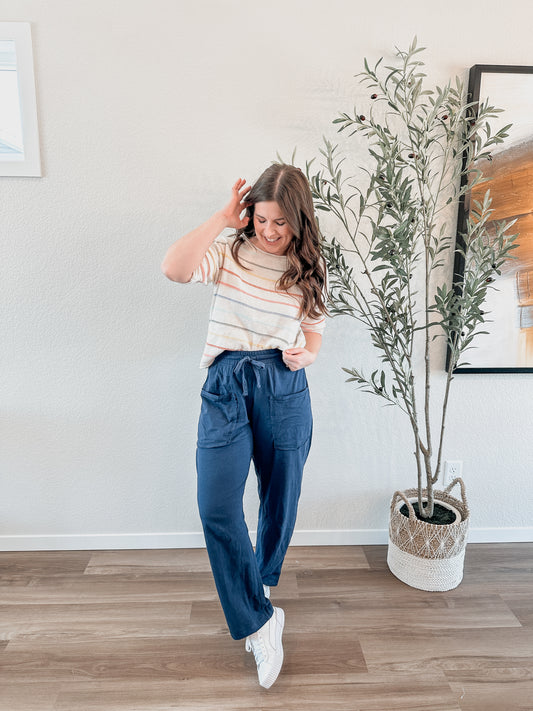 Navy Cotton Barrel Pant