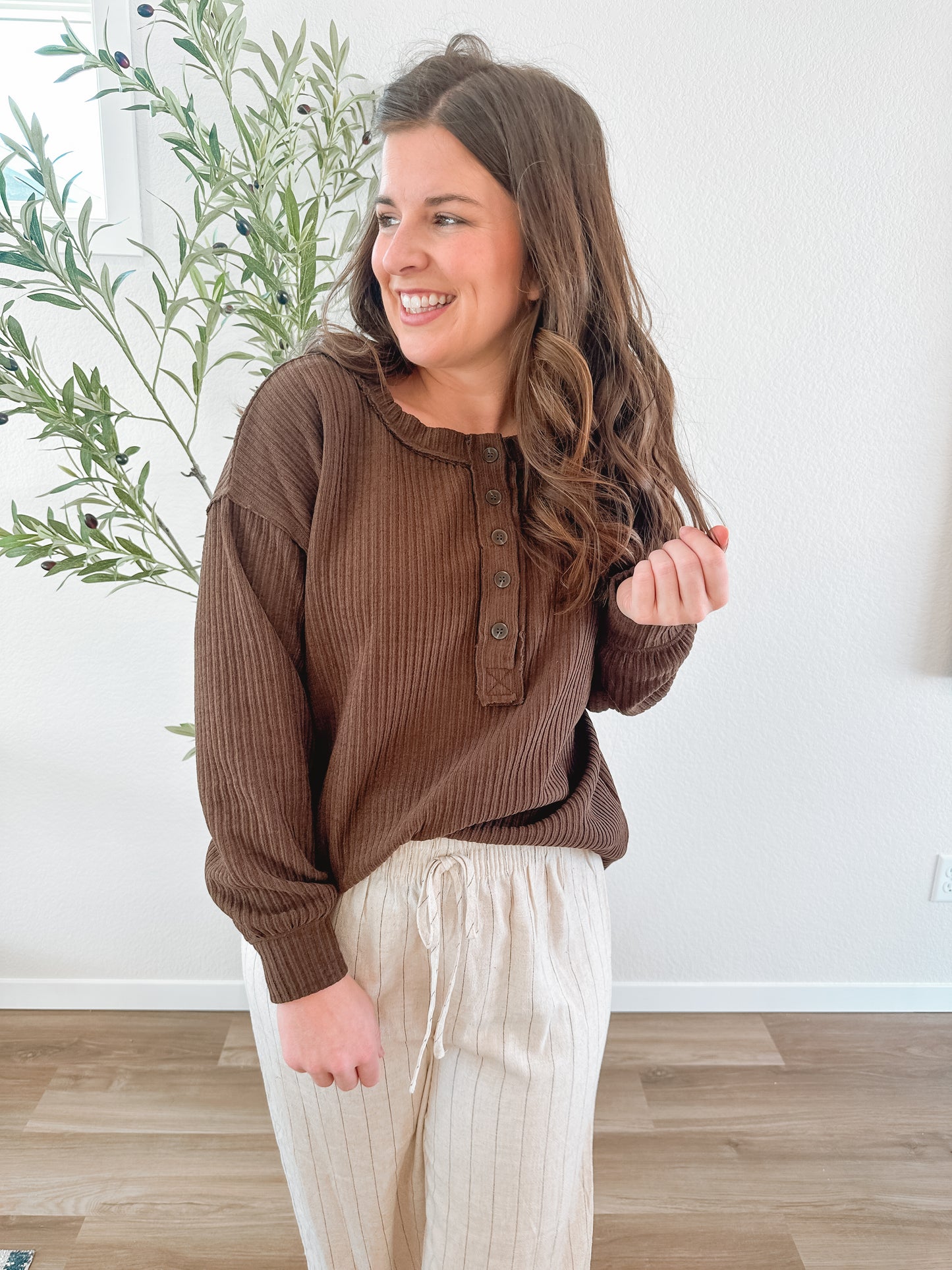 Chocolate Brown Ribbed Henley