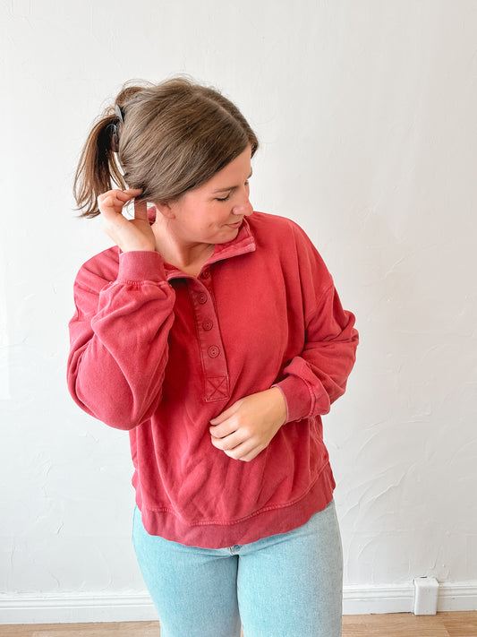 Deep Red Mineral Washed Button Front Sweatshirt