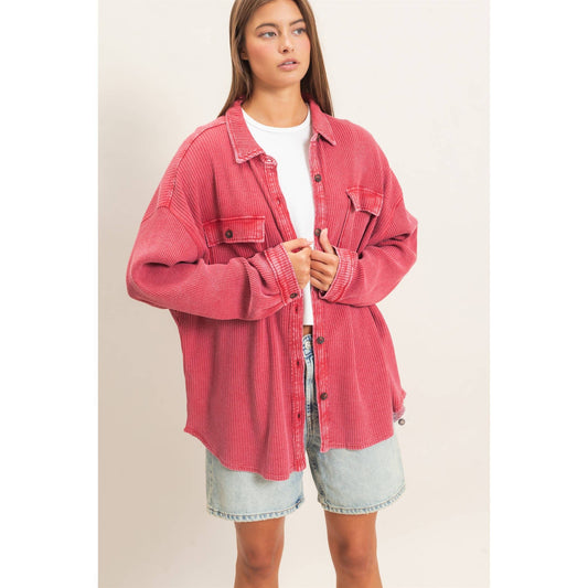 Deep Red Mineral Wash Waffle Button-Up Shacket