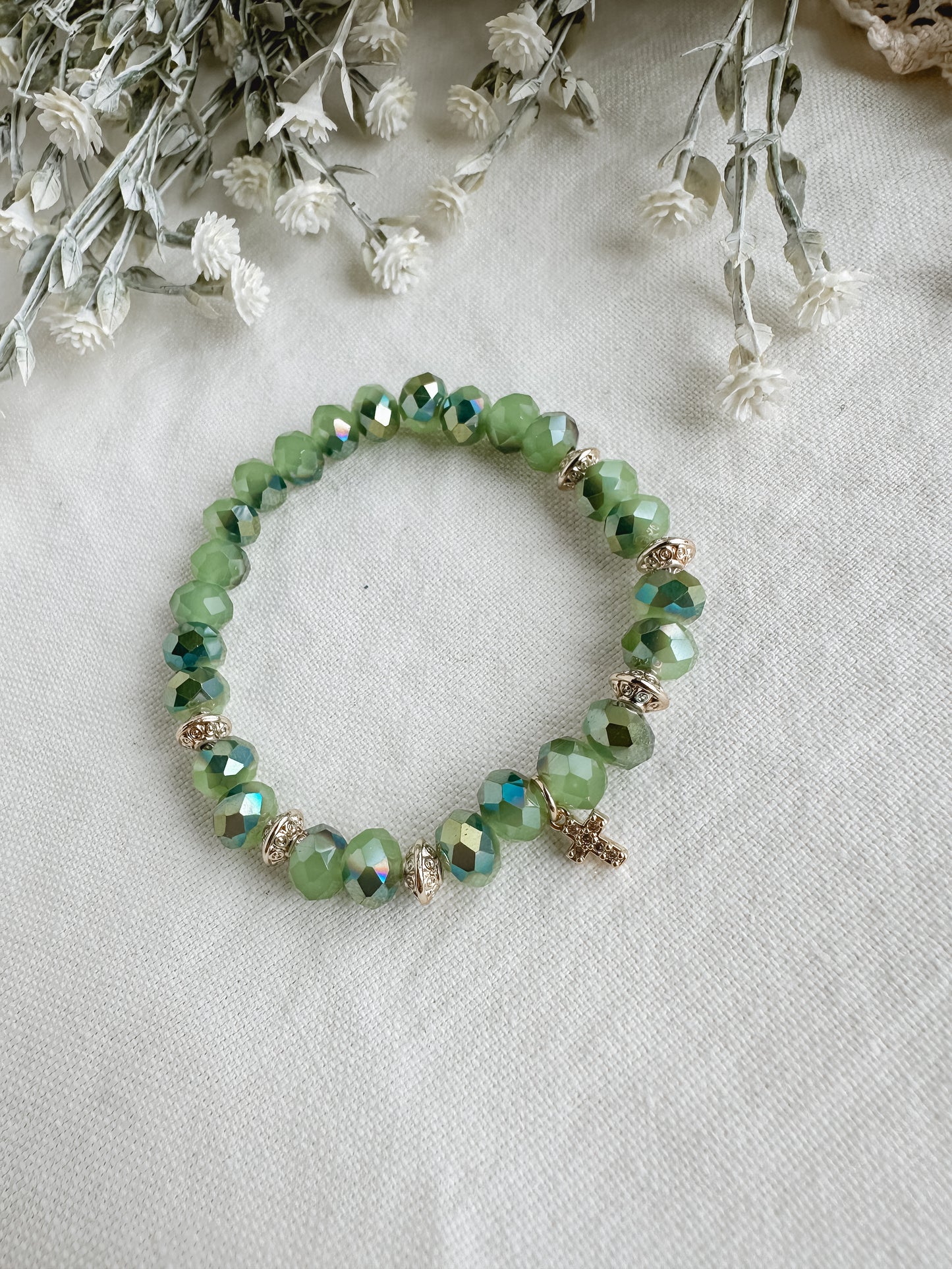 Gold Plated Green Cross Bracelet