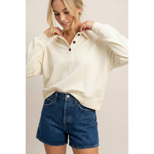 Cream Button-Front Henley Sweatshirt