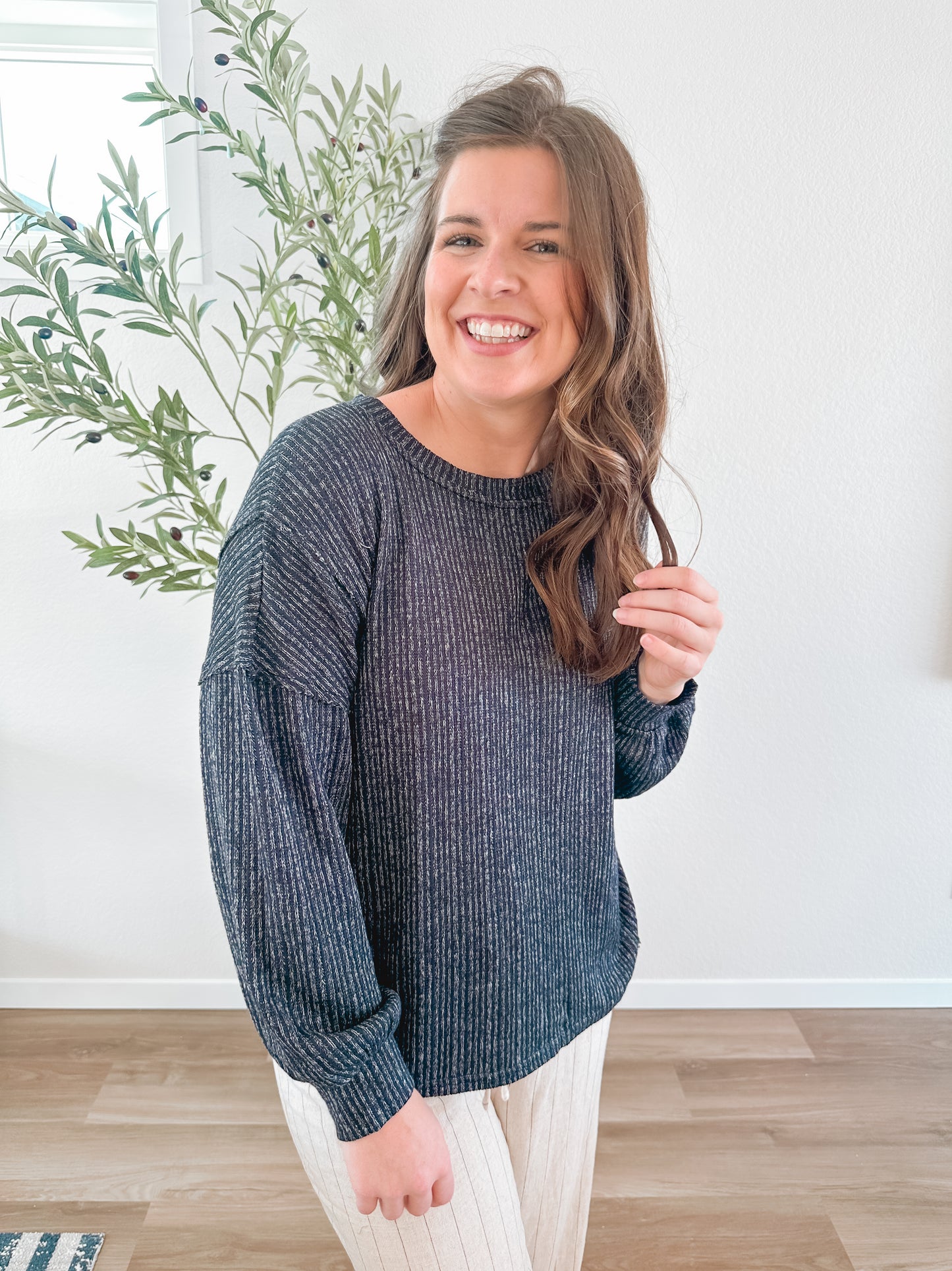 Navy Ribbed Knit Top