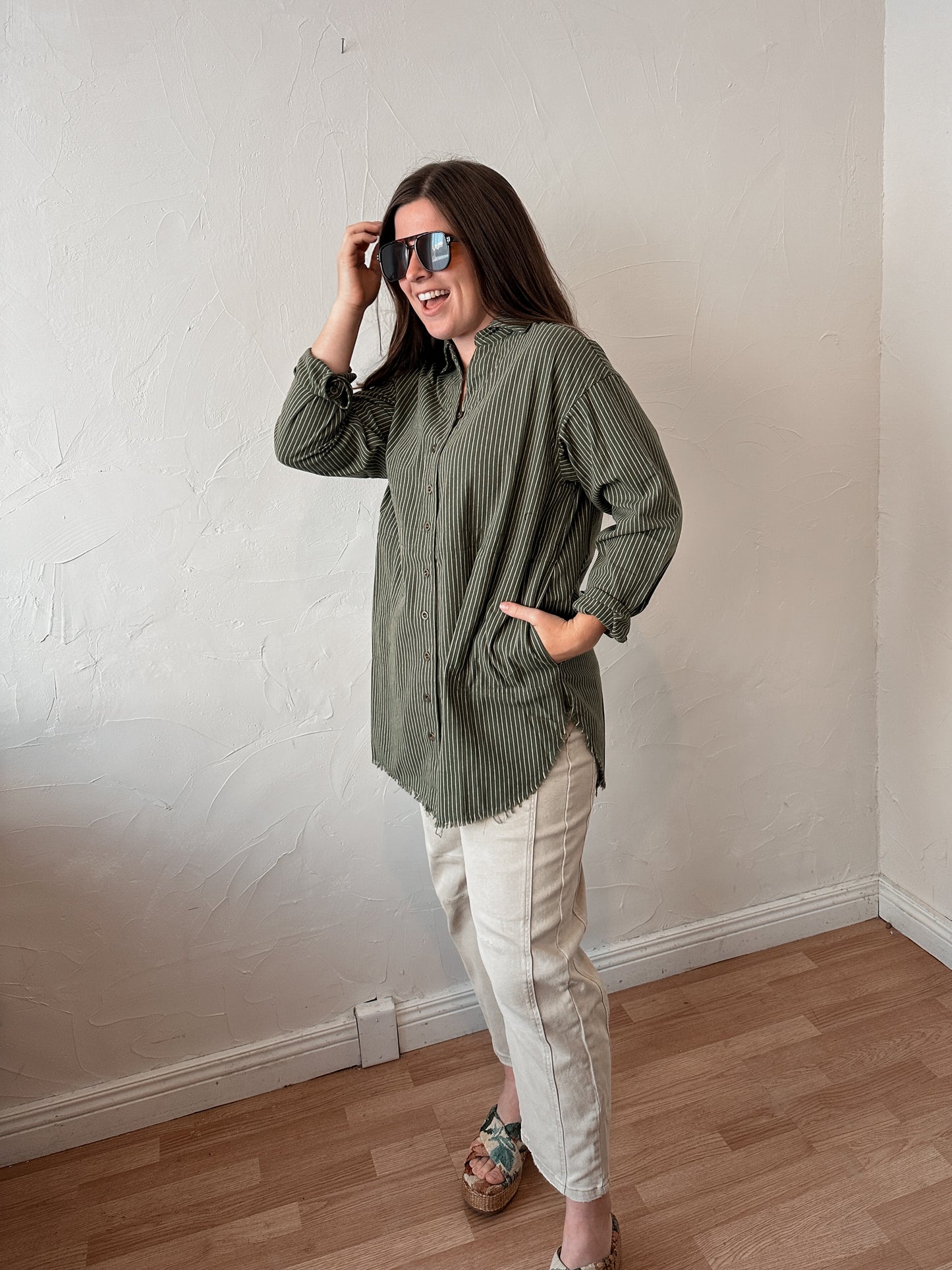 Olive Pin Stripe Linen Oversized Shirt