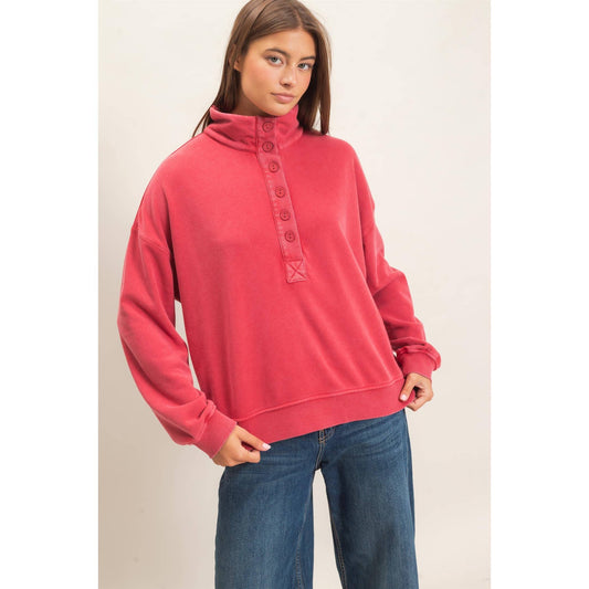 Deep Red Mineral Washed Button Front Sweatshirt