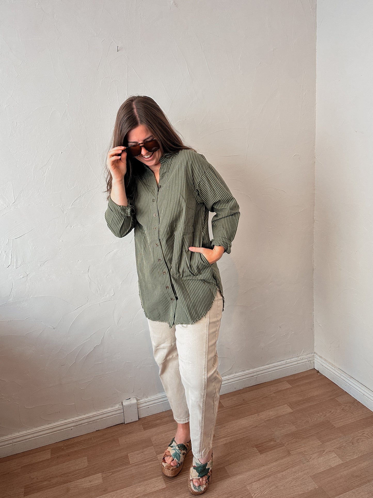 Olive Pin Stripe Linen Oversized Shirt