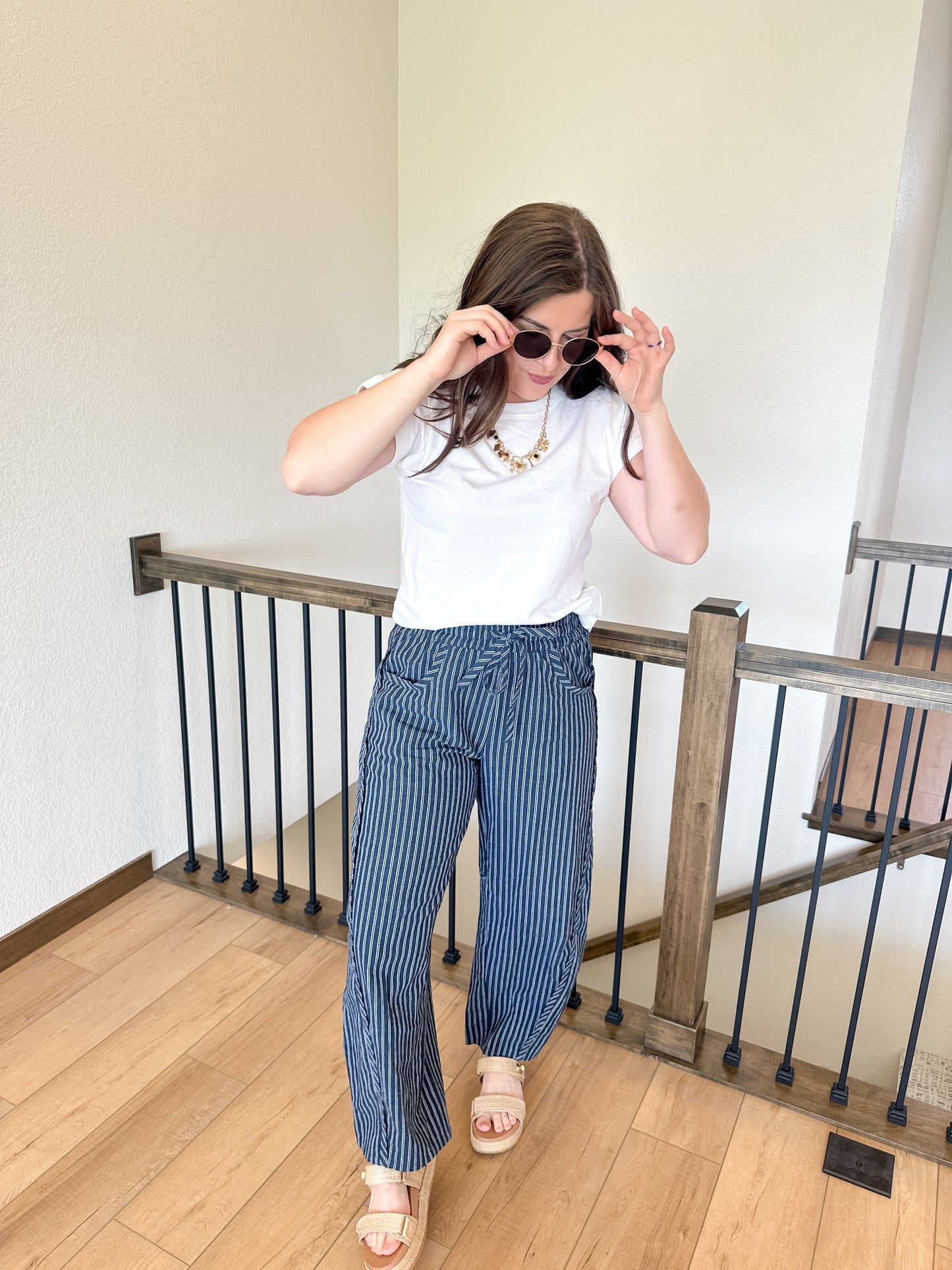 Navy Pinstripe Barrel Pants