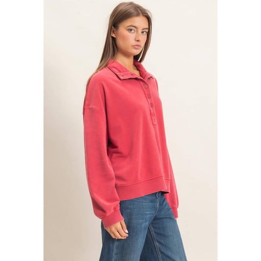 Deep Red Mineral Washed Button Front Sweatshirt