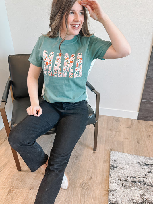 MAMA Floral Embroidered Tee