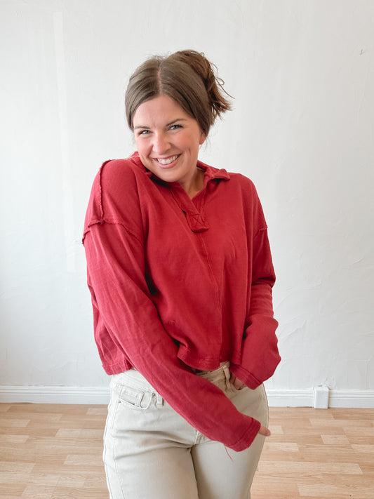 Deep Red Textured Collar Top