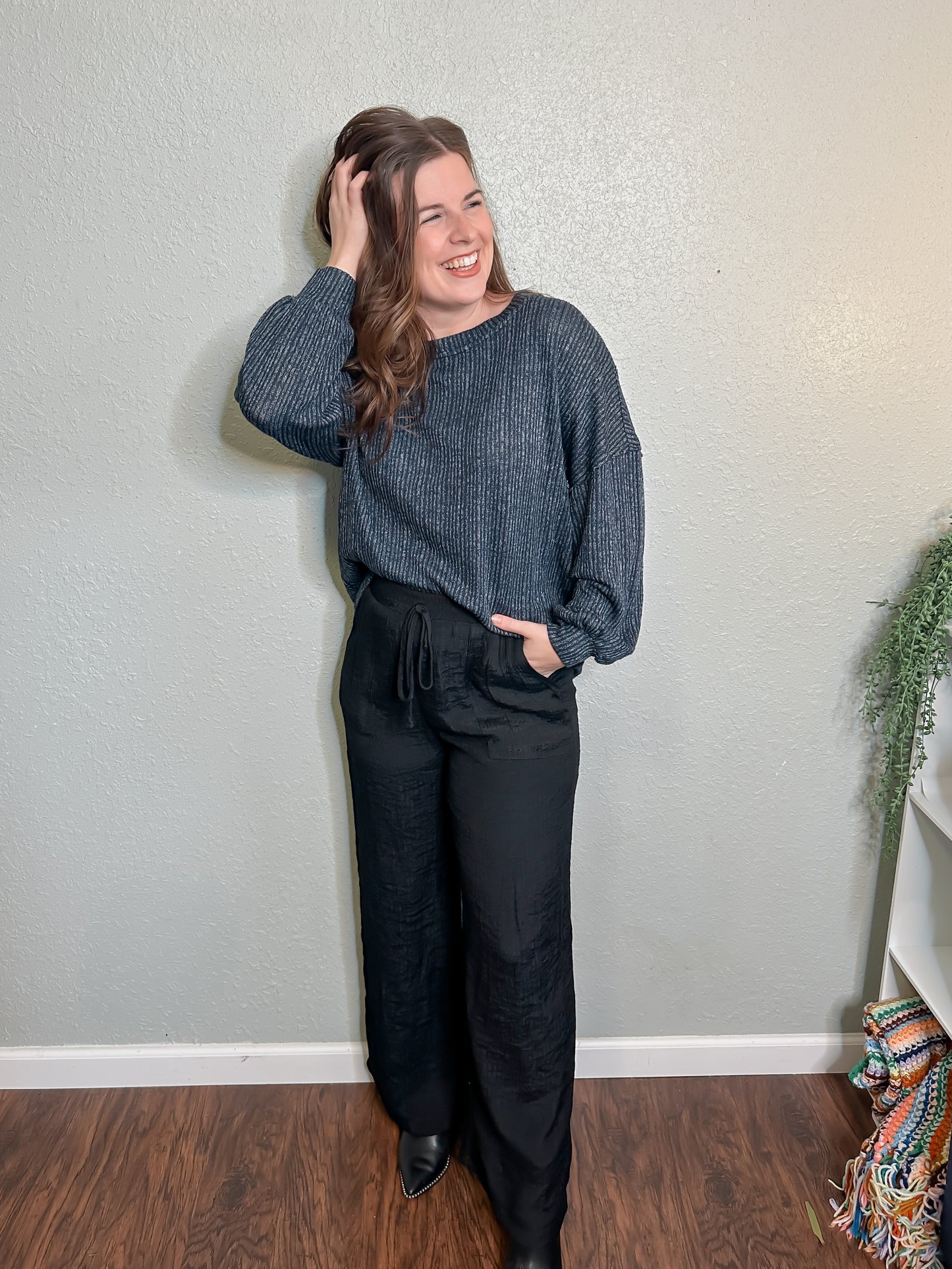 Navy Ribbed Knit Top